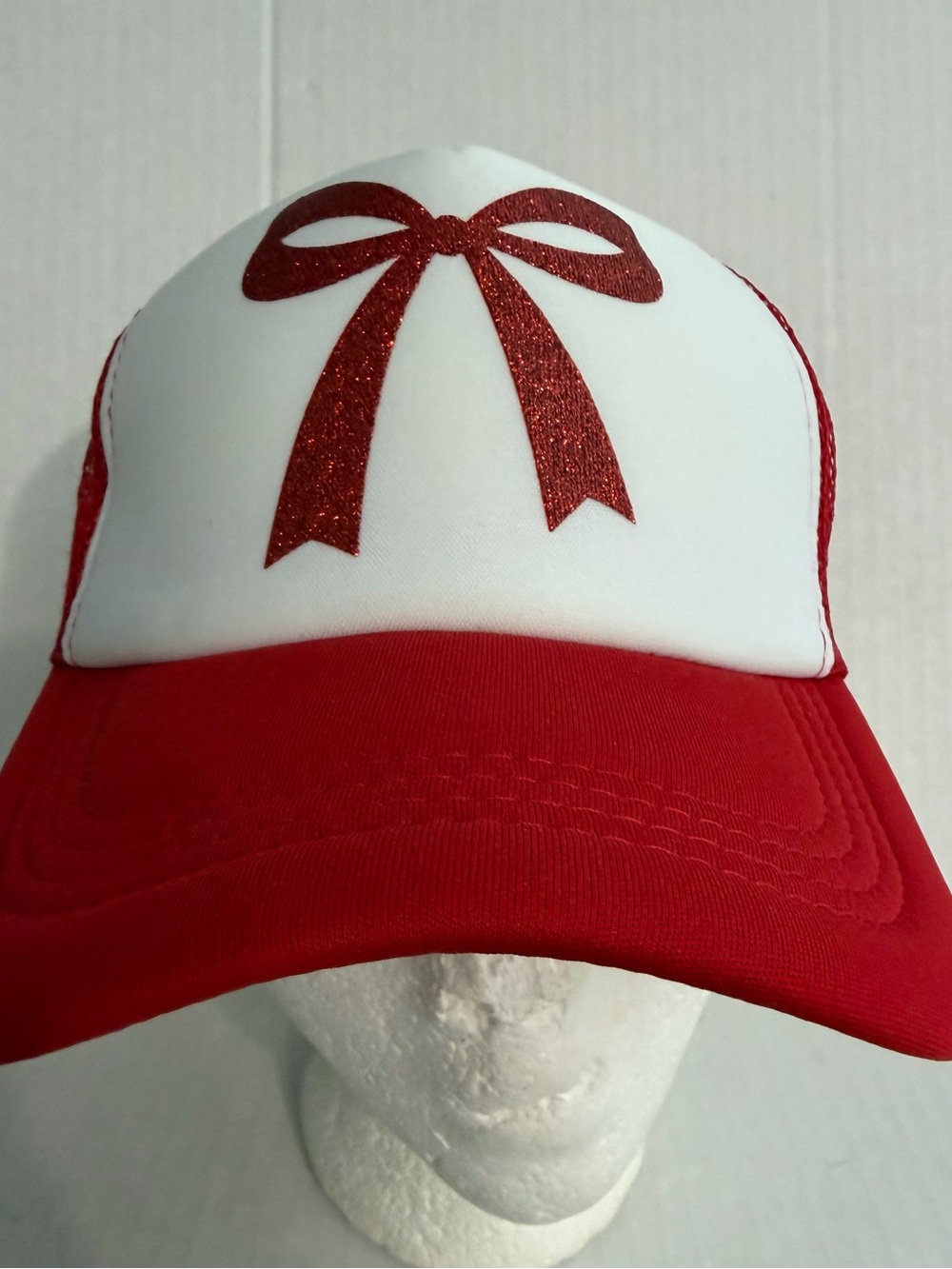 Glitter Red and White Bow Trucker Hat